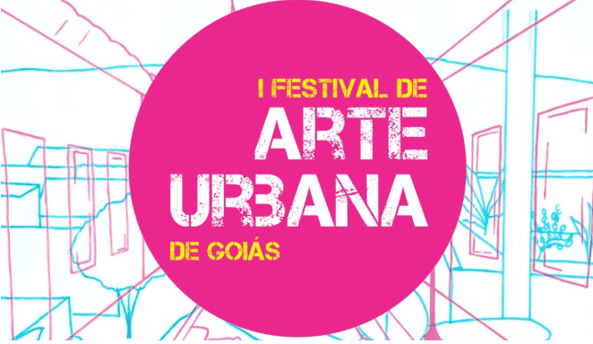 Banner de apresentação do evento I Festival de Arte Urbana de Goiás - Círculo com de rosa, com o nome do evento dentro. Fora do circulo, os esboços de algumas construções arquitetônicas.
