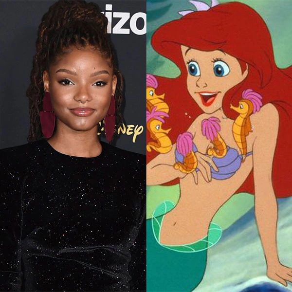 Atriz protagonista Halle Bailey ao lado de imagem da princesa Ariel do longa-metragem de animação