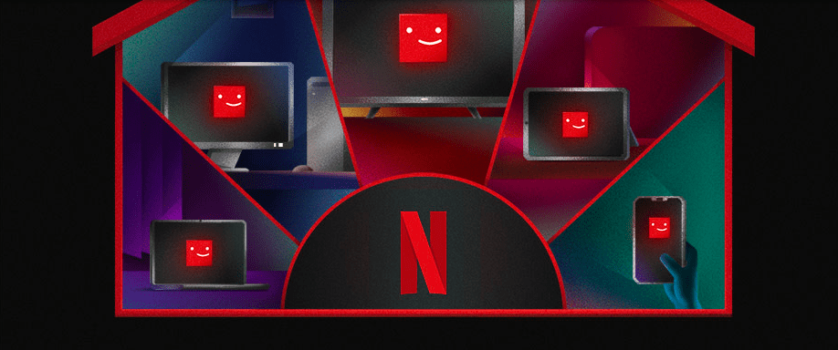Diversos dispositivos ilustrados com uma carinha sorridente, característica da Netflix, em suas interfaces. Todos os aparelhos são conectados ao logo da empresa. A imagem tem por objetivo mostrar a acessibilidade da plataforma para seus assinantes.