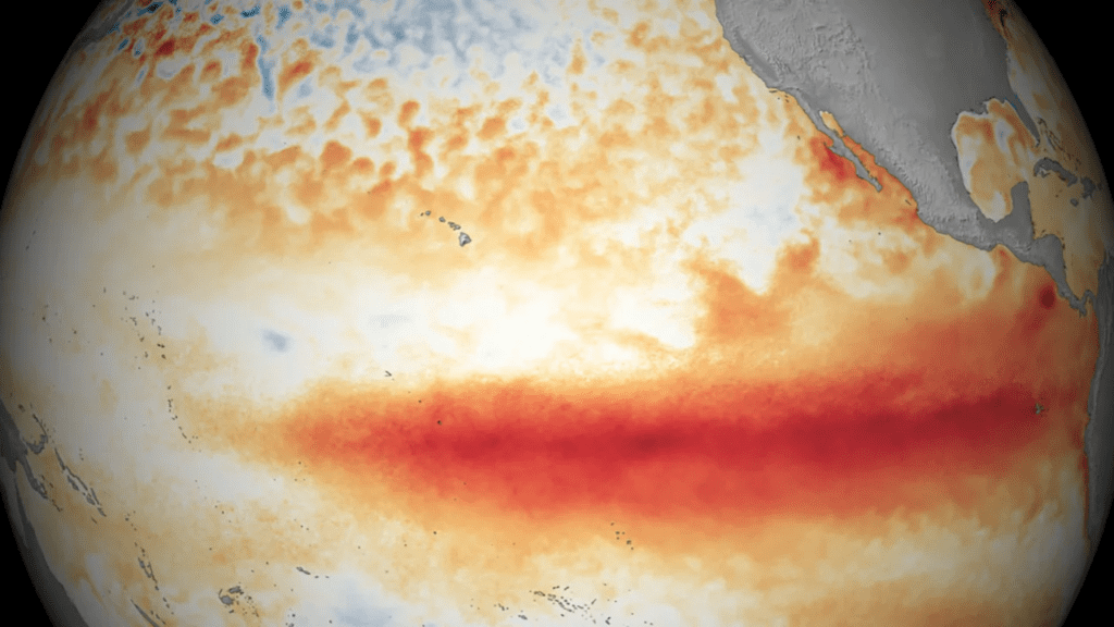 Gráfico do Oceano Pacífico mostra temperaturas elevadas na região durante a passagem do El Niño em Janeiro de 2016.