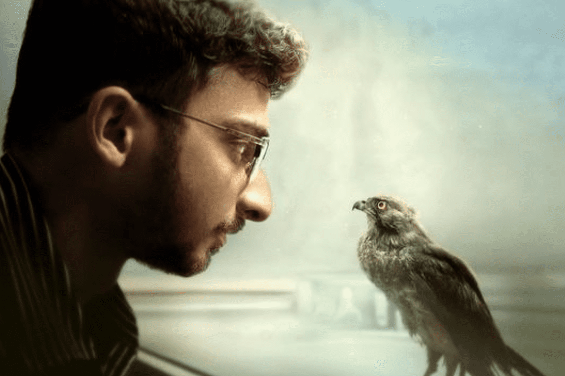 Um homem e uma ave se encarando