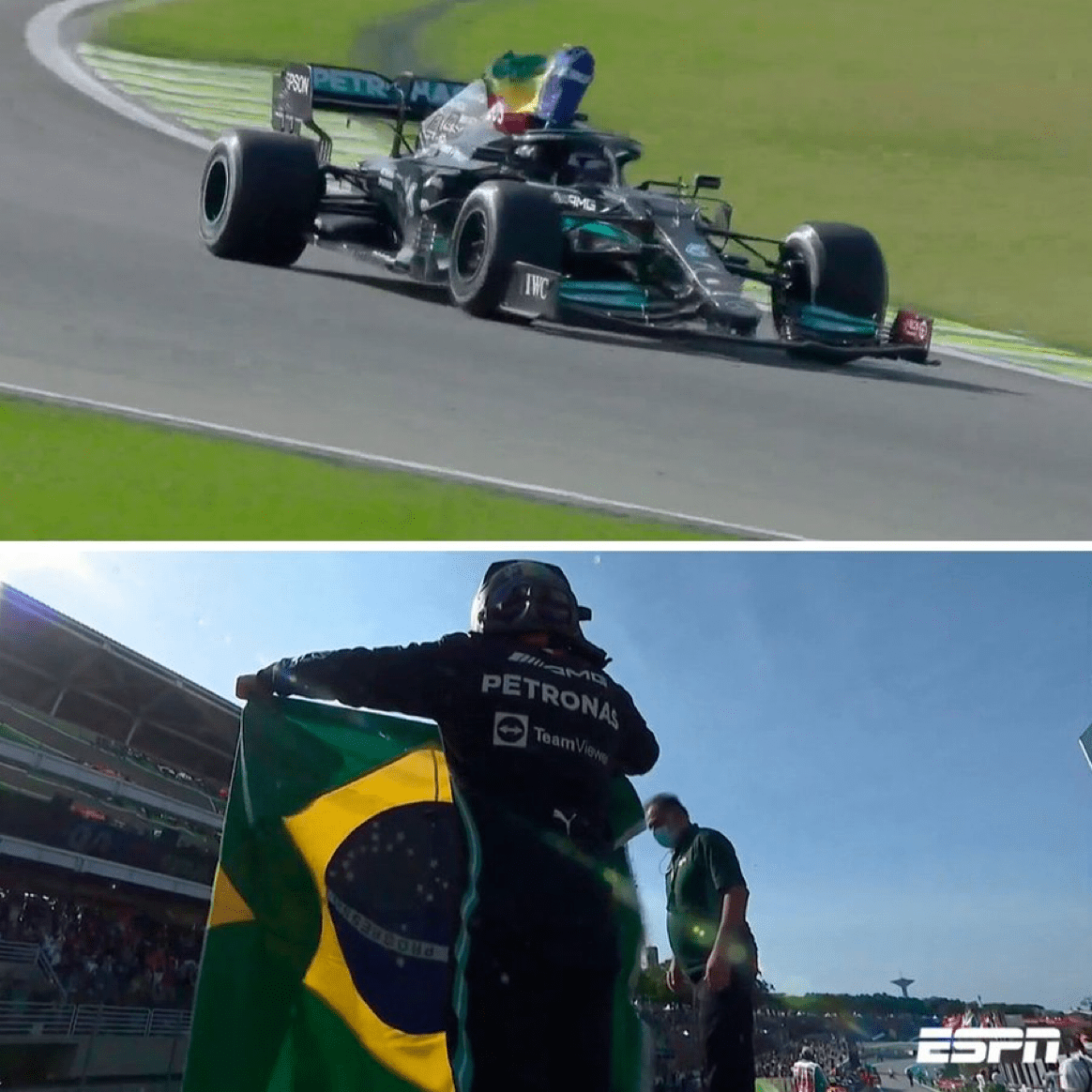 lewis hamilton após vencer o gp de São Paulo de 2021 com a bandeira Brasileira