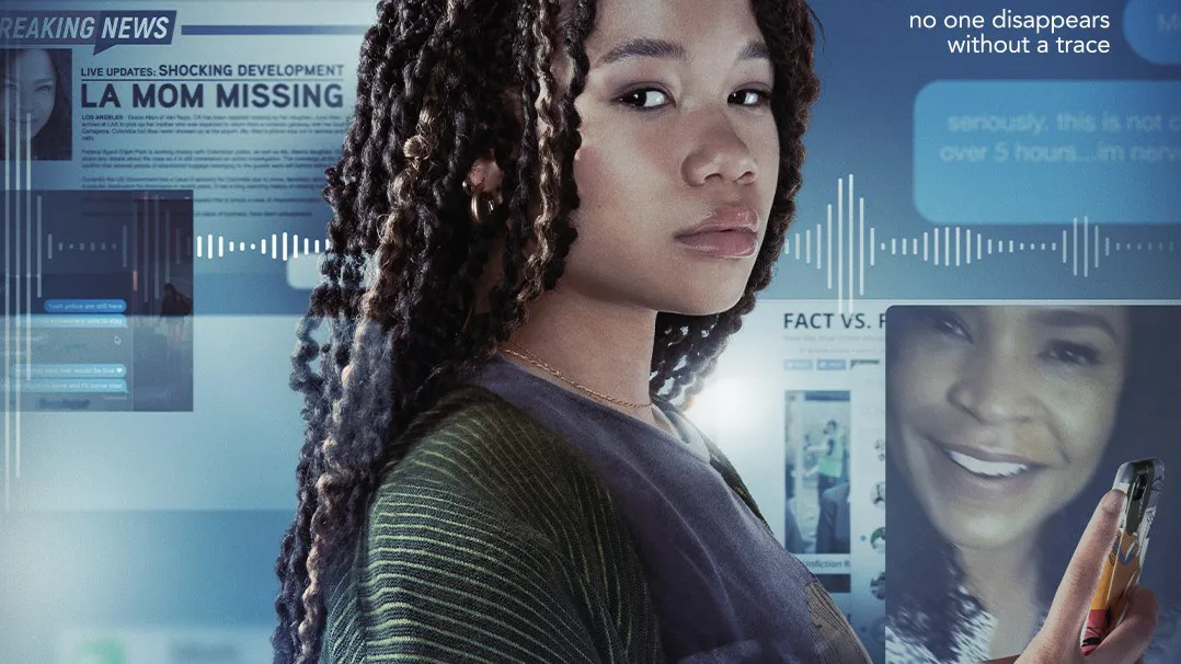 Capa do filme Desaparecida com elementos de internet e a protagonista no centro