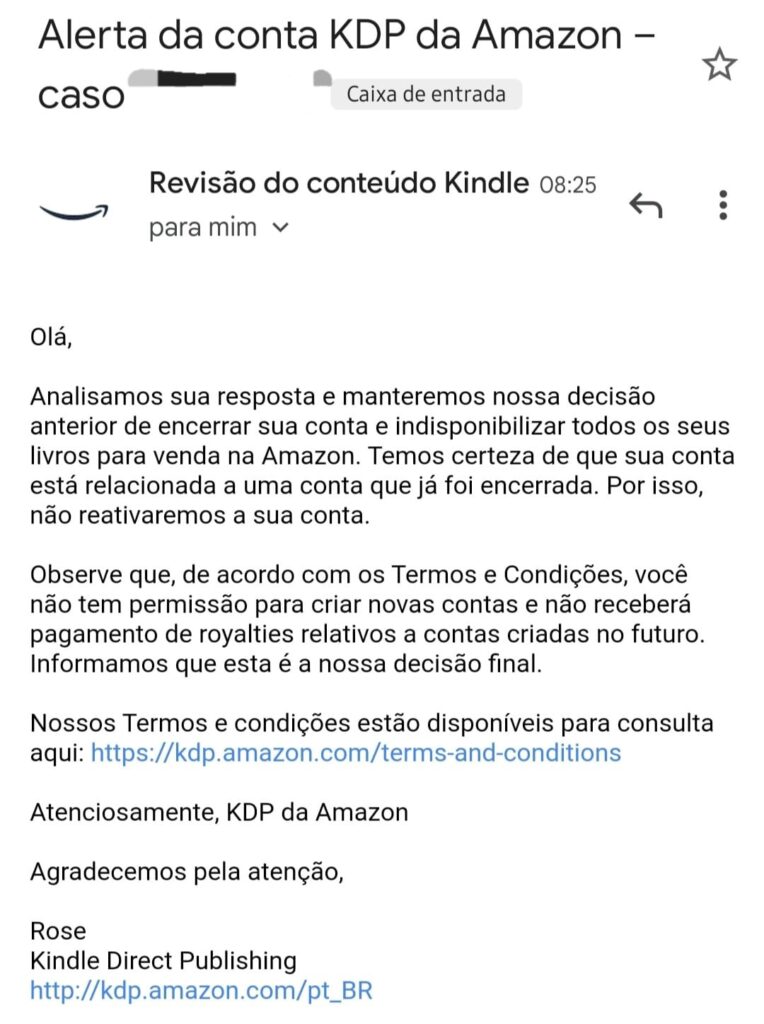 Resposta do suporte da Amazon / Duda Venetillo - 30 de maio de 2023