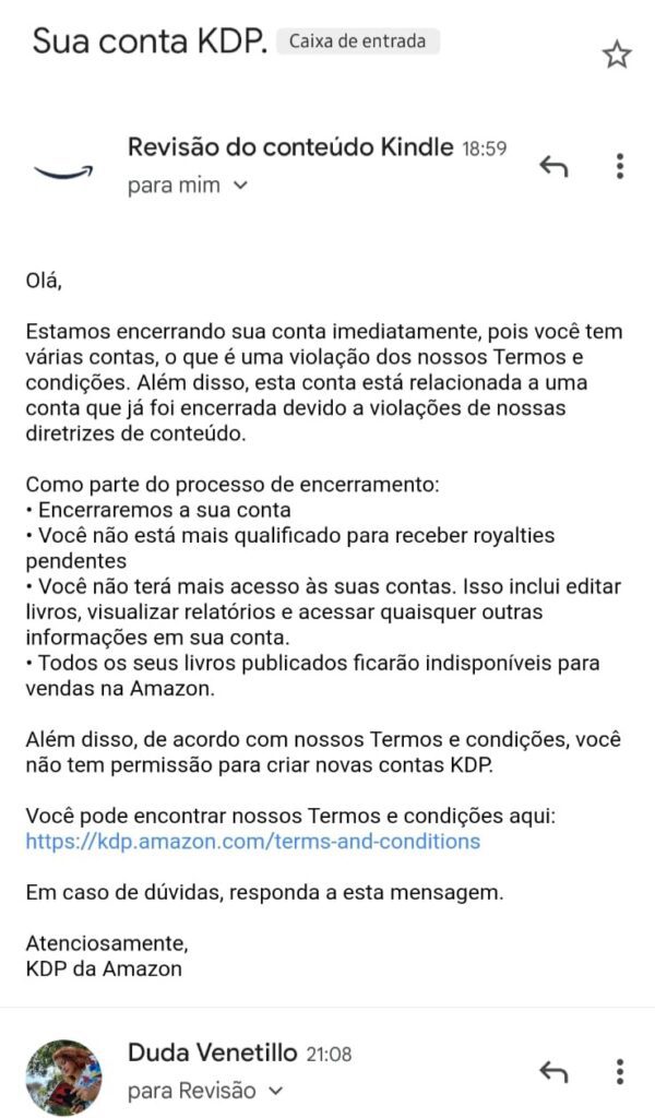 E-mail informando o encerramento da conta da autora / Duda Venetillo - 22 de maio de 2023