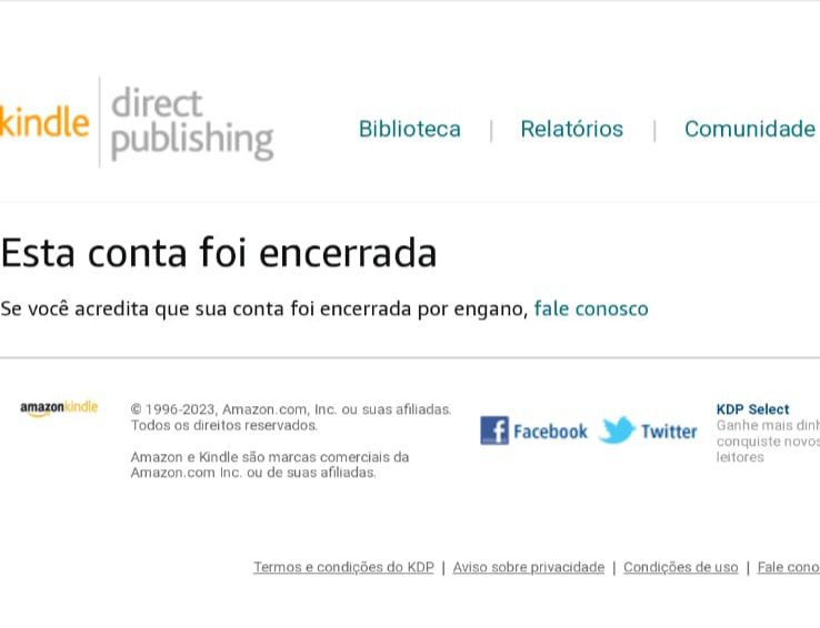 Página inicial do KDP mostra que a conta da autora foi encerrada