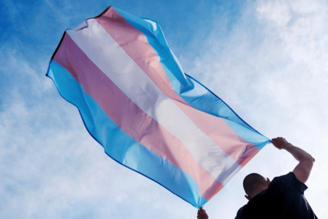 pessoa segurando a bandeira trans