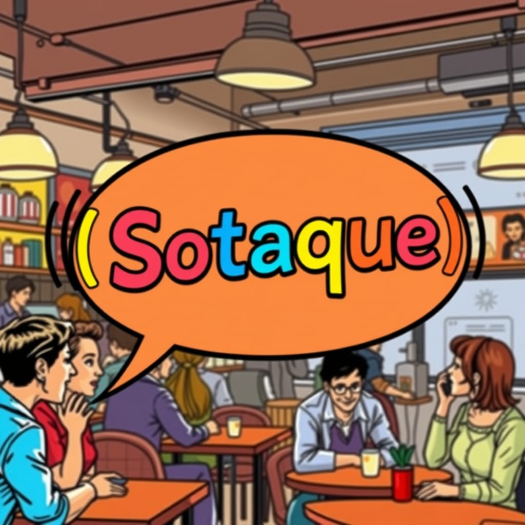Imagem mostra desenho colorido de pessoas sentadas em um bar e um balão escrito "Sotaque"
