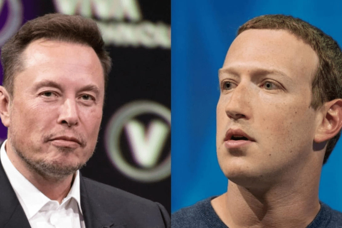Layout com foto de Elon Musk à esquerda e Mark Zuckemberg à direita