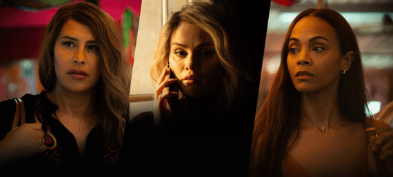 (Karla Sofia Gascón, Selena Gomez e Zoe Saldana protagonizam Emilia Pérez. Imagem: Reprodução/Omelete)