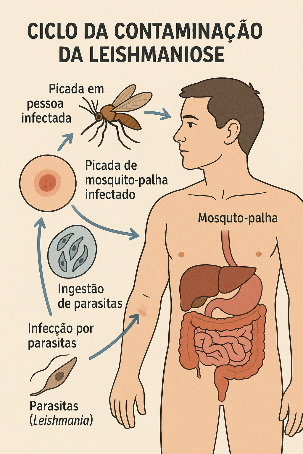  A imagem  um infogrfico intitulado CICLO DA CONTAMINAO DA LEISHMANIOSE Leishmaniasis Contamination Cycle  No centro h uma representao de um corpo humano masculino mostrando rgos internos como o fgado e o intestino sugerindo a localizao da infeco  O ciclo comea no canto superior esquerdo com uma imagem de um mosquito-palha picando uma pessoa infectada indicada por uma mancha vermelha na pele representando a leso Uma seta azul aponta do mosquito para o corpo humano indicando a transmisso  Descendo no ciclo h uma ilustrao de um crculo de setas que representa a ingesto de parasitas pelo mosquito-palha que ento se multiplica dentro do mosquito Fora do crculo h uma imagem ampliada dos Parasitas Leishmania em formato alongado Uma seta azul aponta do mosquito infectado para a pele do humano indicando uma picada de mosquito-palha infectado  No lado esquerdo do infogrfico fora do corpo humano  mostrada uma representao de Ingesto de parasitas pelo mosquito e Infeco por parasitas no corpo humano  O ciclo se completa quando o mosquito-palha pica novamente uma pessoa perpetuando a transmisso