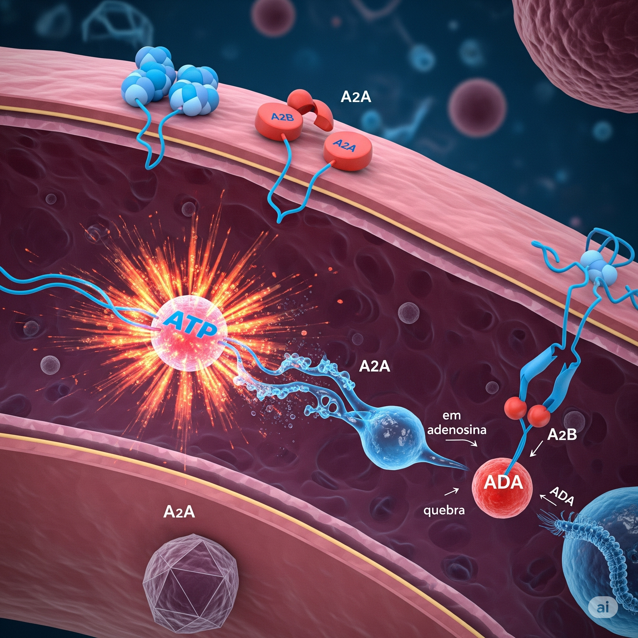 A imagem  uma ilustrao cientfica futurista com fortes influncias de arte abstrata representando a complexa interao molecular dentro de uma clula humana infectadaNo centro da composio h uma exploso vibrante e energtica em tons de laranja vermelho e amarelo que simboliza a molcula de ATP liberando energia A partir dessa exploso emergem formas mais fluidas e calmas em tons de azul e roxo que representam a adenosinaNa superfcie da clula que aparece como uma forma oval ou irregular em um tom esverdeado ou acinzentado destacam-se os receptores A2A representados como estruturas grandes e abertas quase como portais Prximos a eles h um nmero menor de receptores A2B que so mostrados parcialmente fechados ou com uma aparncia mais discretaO parasita Leishmania braziliensis  visvel como uma forma pequena mas com detalhes que sugerem sua presena distinta talvez em tons mais escuros ou contrastantes indicando sua intruso na clulaUma enzima a ADA  retratada em ao com elementos visuais que sugerem que ela est quebrando ou modificando a adenosina talvez atravs de linhas pontilhadas ou fragmentos visuaisA paleta de cores  vibrante e contrastante com uma mistura de tons quentes para energia e infeco e frios para calma e processos de converso O estilo geral remete a uma sensao de luta e desequilbrio utilizando formas geomtricas abstratas linhas dinmicas e texturas que transmitem a complexidade e o caos do ambiente celular sob ataque