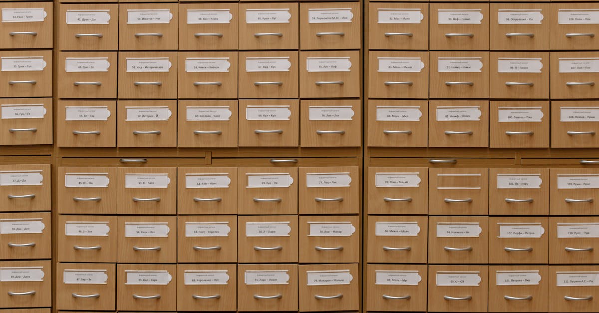 Close-up of labeled wooden storage drawers, perfect for organization concepts.